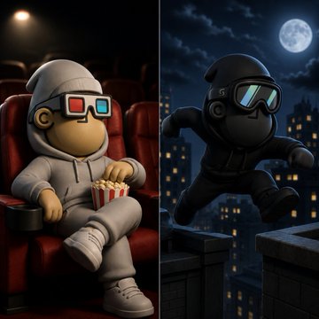 Two cartoon figures in hoodies and 3D glasses; the left one sits eating popcorn in a theater seat, while the right one leaps across a rooftop under a full moon.