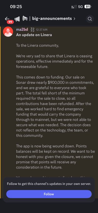 Discord screenshot of an announcement from user 'ma2bd' in #big-announcements titled 'An update on Linera,' stating the company is ceasing operations due to funding shortfalls despite nearly $900,000 in commitments on Sonar.