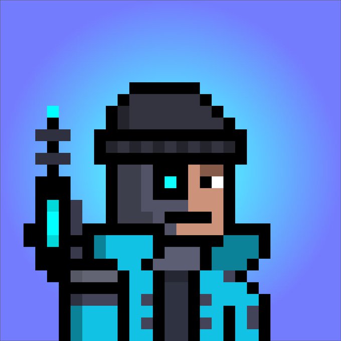 A pixel art illustration of a sci-fi soldier wearing a dark helmet and cyan armor, holding a futuristic weapon against a blue-purple gradient background.