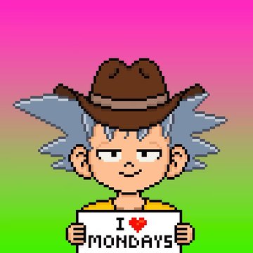 An animated character with spiky blue hair wearing a brown cowboy hat holds a sign reading "I ❤️ MONDAYS" against a pink-to-green gradient background. The image ties to the post as the character celebrates acquiring special-trait Gokus NFTs at floor price, with the "Mondays" sign representing both the extra $AKIRA rewards earned and the collector's enthusiasm for their growing collection of 395 DragonSol.