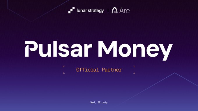 A promotional graphic with a purple gradient background displays "Pulsar Money" in large white text, labeled as an "Official Partner" beneath the Lunar Strategy and Arc logos at the top, with "Wed, 22 July" at the bottom—announcing Pulsar Money App as the first partner for the Arc Community Meetup in Lisbon on July 22nd.