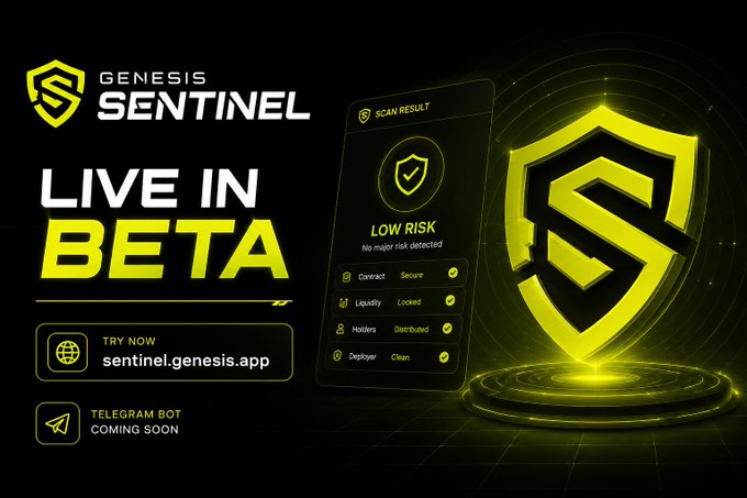 A dark promotional banner for 'GENESIS SENTINEL' advertising it as 'LIVE IN BETA' at sentinel.genesis.app, displaying a 'LOW RISK' scan result with a glowing yellow shield logo.