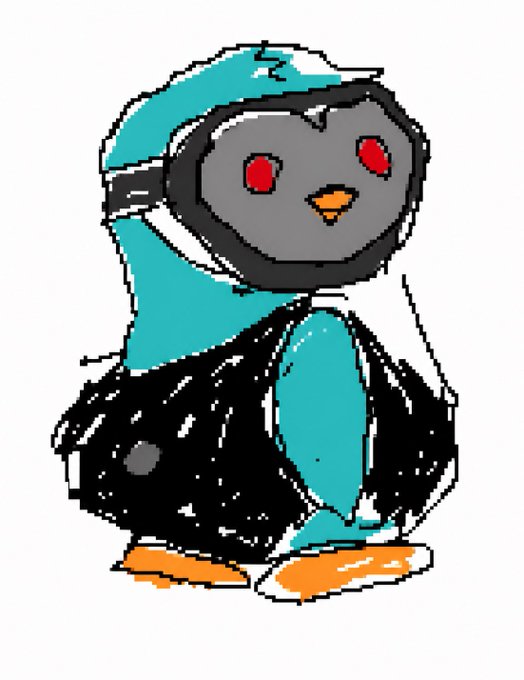 A cartoon drawing of the Linux mascot Tux the penguin with glowing red eyes and a menacing expression, colored in turquoise, black, white, and orange.