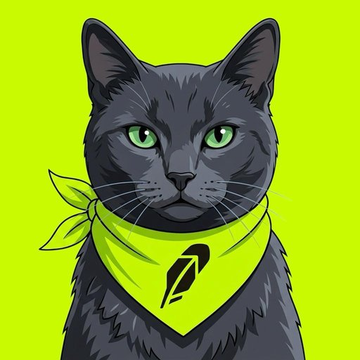 An illustrated dark gray cat with bright green eyes wearing a yellow bandana featuring a quill/feather symbol is shown against a lime green background.