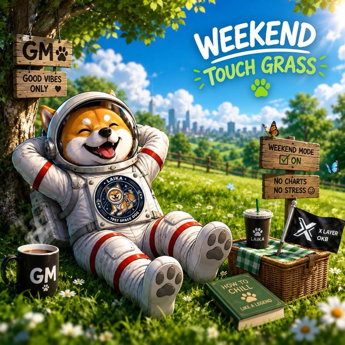 A colorful digital illustration of a smiling Shiba Inu dog wearing an astronaut suit relaxing under a tree with signs reading 'GM GOOD VIBES ONLY', 'WEEKEND TOUCH GRASS', and 'WEEKEND MODE ON'.