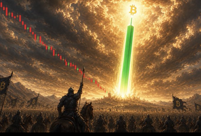 A dramatic fantasy digital artwork depicting a medieval army with Bitcoin-themed flags facing a glowing green beam of light topped with the Bitcoin symbol, set against a golden, cloudy sky with a candlestick chart overlaid.