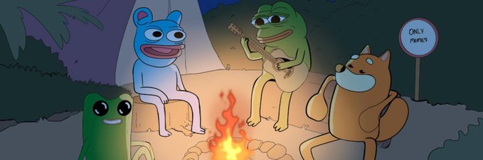 A cartoon scene depicts a green frog playing guitar next to a campfire, accompanied by a blue creature, a brown dog-like figure, and a small green frog, with a sign reading 'ONLY MEMBERS'.