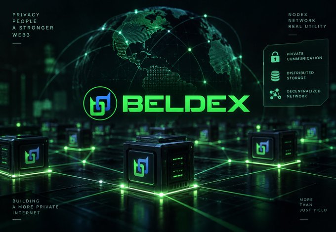 A promotional graphic for 'BELDEX' cryptocurrency featuring a digital globe with networked nodes, highlighting features like 'PRIVATE COMMUNICATION', 'DISTRIBUTED STORAGE', and 'DECENTRALIZED NETWORK' with slogans 'PRIVACY PEOPLE A STRONGER WEB3' and 'BUILDING A MORE PRIVATE INTERNET'.