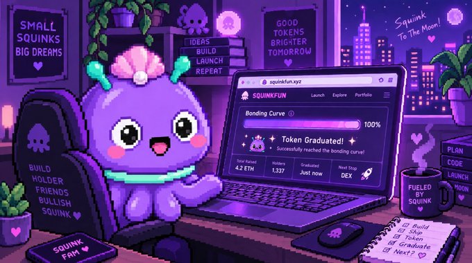 A pixel art illustration of a purple squid character sitting at a laptop showing the website 'squinkfun.xyz' with text reading 'Token Graduated!' and 'Bonding Curve 100%'.