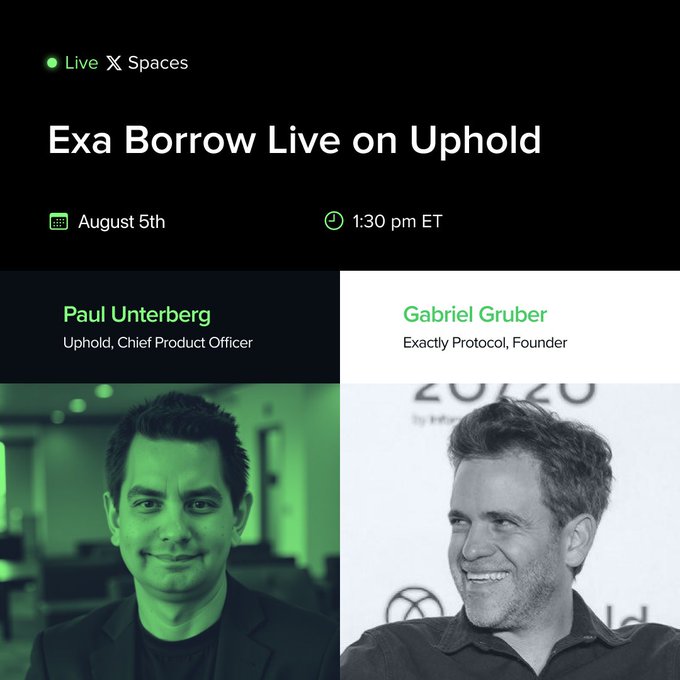 A promotional graphic for an X Spaces live event titled "Exa Borrow Live on Uphold," scheduled for August 5th at 1:30 pm ET, featuring speakers Paul Unterberg (Uphold, Chief Product Officer) and Gabriel Gruber (Exactly Protocol, Founder). The design invites audiences to submit questions for the Uphold and Exactly Protocol teams ahead of the live discussion.