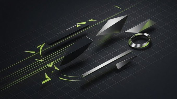 An abstract 3D digital rendering with geometric black, silver, and green shapes and arrows on a dark grid background.