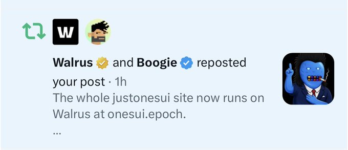 A notification card shows that 'Walrus and Boogie reposted your post,' with text reading 'The whole justonesui site now runs on Walrus at onesui.epoch.'