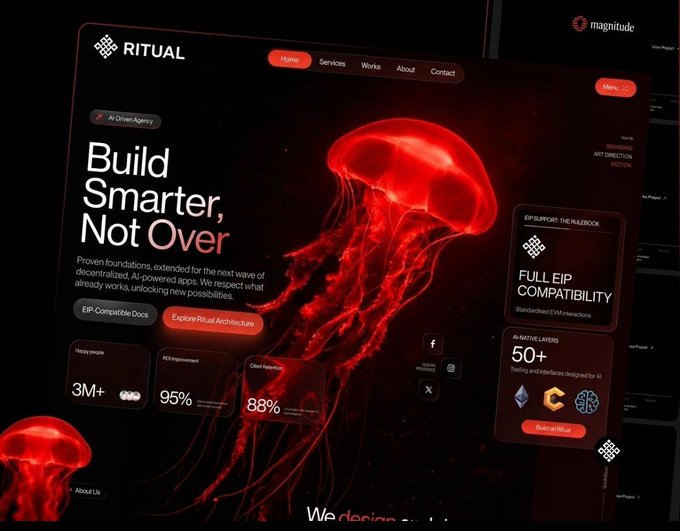 A dark-themed website for "RITUAL" features the tagline "Build Smarter, Not Over" with a glowing red jellyfish graphic and stats including "3M+" users and "95%" ROI improvement.