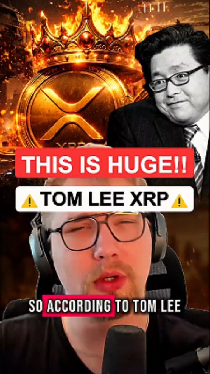 The image features a man wearing glasses, sitting behind a microphone with his face displayed for viewers. He appears to be talking or singing into the microphone. The background of the image includes a large XRP logo, indicating that the post might be related to cryptocurrency or an advertisement for it. The caption at the bottom of the image reads "URGENT!!! $XRP IS ABOUT TO TAKE OVER!!! Tom Lee". This suggests that there is some sort of urgency or threat associated with the XRP coin, possibly due to its potential impact on the market or the speaker's personal beliefs about cryptocurrency.
