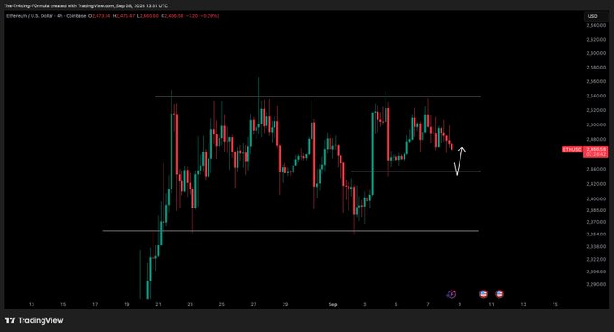 A TradingView 4-hour candlestick chart of Ethereum (ETH/USD) showing price action between $2,290 and $2,650, with horizontal support lines near $2,450 and resistance near $2,560. An arrow indicates a potential bounce from the $2,450 support level, aligning with the post's bullish sentiment that upcoming dips are buying opportunities.