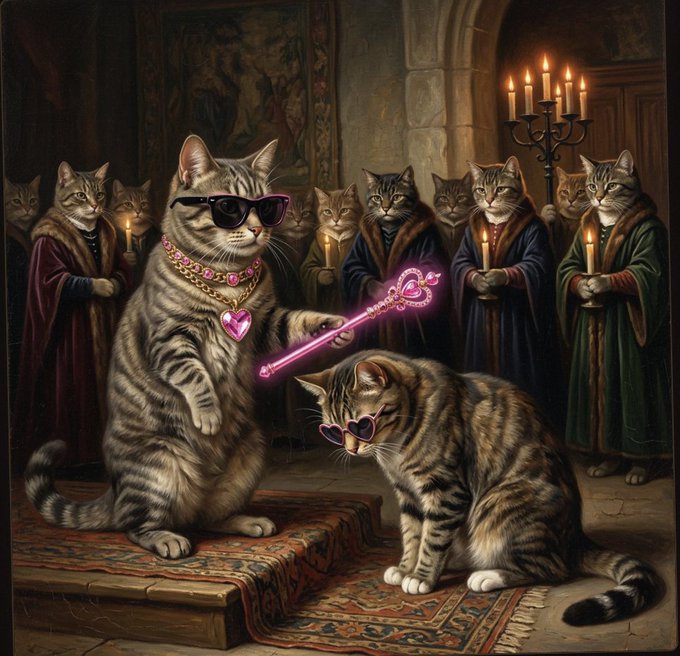 A regal cat wearing sunglasses and a heart-shaped pendant wields a glowing pink scepter to knight a bow-adorned tabby, while hooded feline figures in robes hold candles in a candlelit chamber. The image humorously depicts a "coronation" of "Cash cat" as the main cat coin, fitting the post's meme theme around the Pussy Cat Club ($PCC) as the elite "hottest club on Robinhood."