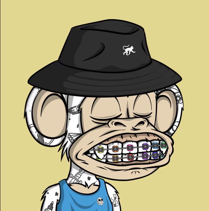 A cartoon illustration of a stylized monkey character wearing a black bucket hat with a kangaroo logo, gold braces, and a blue tank top.