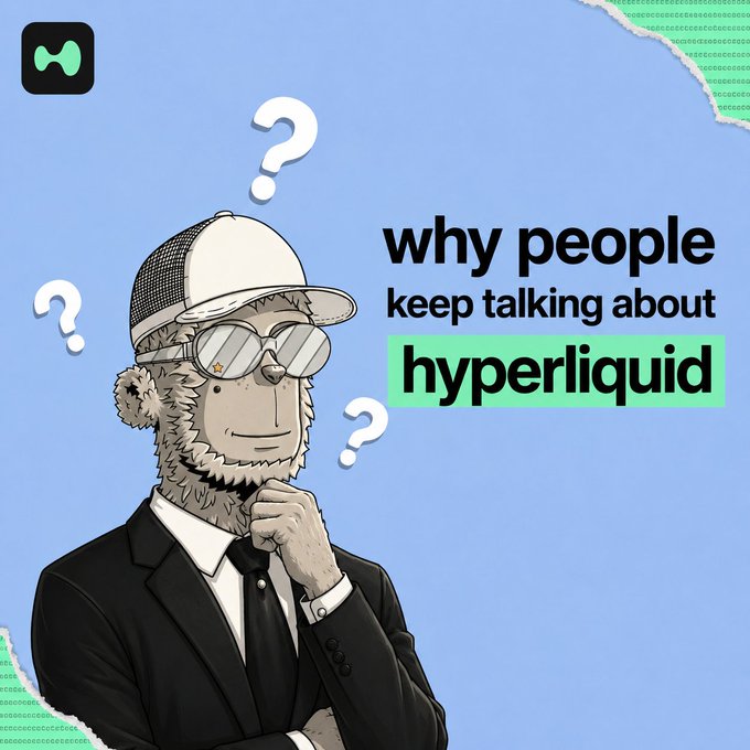 Cartoon illustration of a thinking man in a suit and cap with sunglasses, accompanied by the text 'why people keep talking about hyperliquid.'