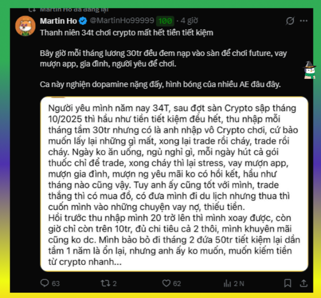 A Vietnamese tweet from Martin Ho (@MartinHo99999) titled 'Thanh niên 34t chơi crypto mất hết tiền tiết kiệm' about a 34-year-old who lost all his savings to crypto trading, with 62 likes and 2K views.