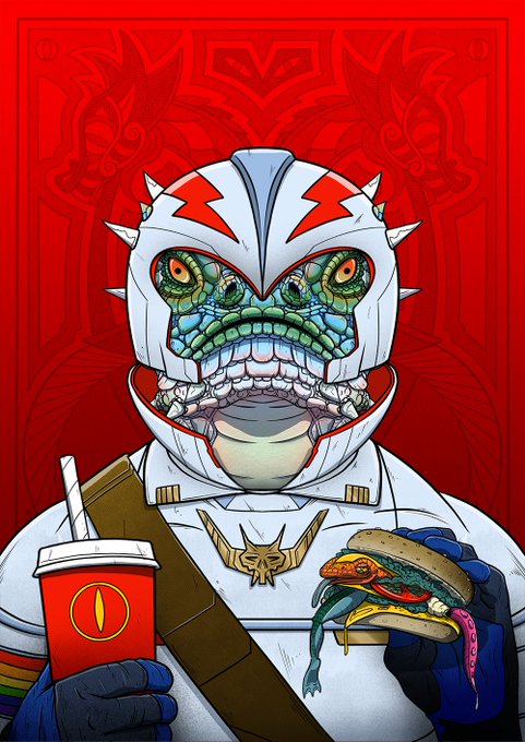 Digital art features a wrestler-style character in a white mask with fangs, holding a drink and a burger against a red background.