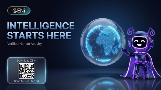 A promotional graphic for ZENi reads 'INTELLIGENCE STARTS HERE' and 'Verified Human Activity,' featuring a QR code and a purple robot character next to a digital globe.