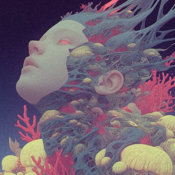 A surreal digital artwork showing a pale face in profile with its head transforming into an intricate network of colorful coral and mushroom-like structures.
