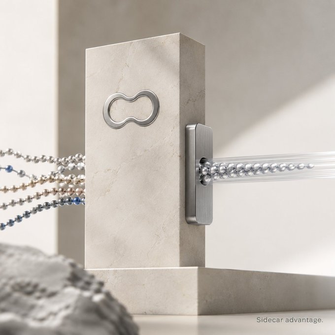 Product visualization showing a marble pillar with a metal bracket threaded with beaded strands, accompanied by the text 'Sidecar advantage.'