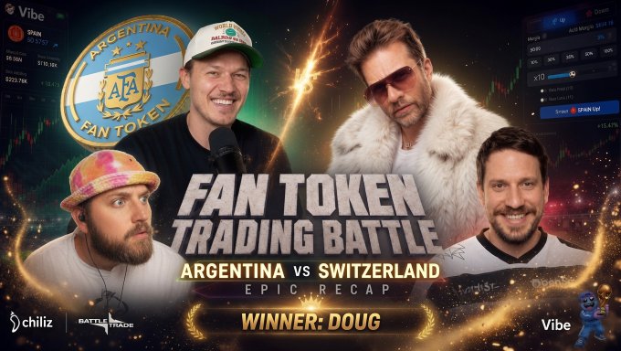A promotional graphic for a 'FAN TOKEN TRADING BATTLE' between Argentina and Switzerland, featuring four men, the AFA (Argentina Football Association) crest, and text announcing 'WINNER: DOUG', with Chiliz and Vibe platform logos.
