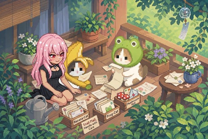 A pixel art illustration of a pink-haired girl and two characters in animal hoods (a banana and a frog) on a balcony surrounded by plants, sorting through mail with labels like 'Banana-Cat', 'Frog-Cat', and 'Mushroom Nut'.