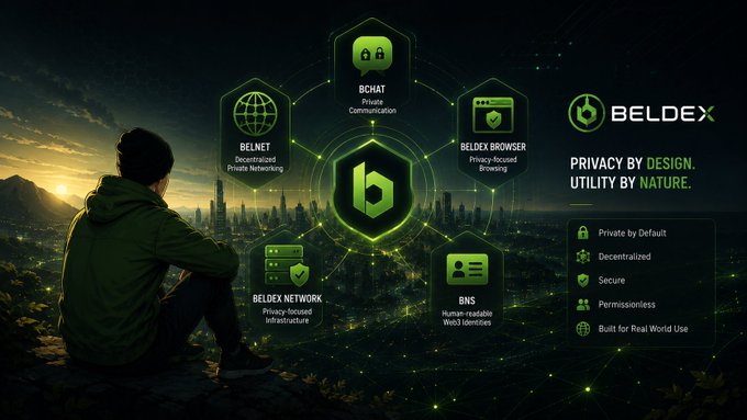 A promotional graphic for 'BELDEX' showcasing its privacy-focused ecosystem, with a person overlooking a city at sunset. It highlights products like BCHAT, BELNET, BELDEX BROWSER, BELDEX NETWORK, and BNS, alongside features such as 'PRIVACY BY DESIGN, UTILITY BY NATURE.'