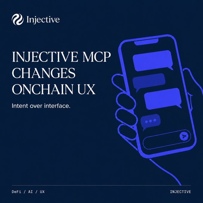 The image shows a hand holding a cell phone with blue text that reads "Injective MCP Changes Onchain UX", which suggests changes have been made to the messaging app. The post also mentions that @injective has launched and changed the execution layer, native USDC has made liquidity cleaner across the board, and MCP has given AI agents a proper.