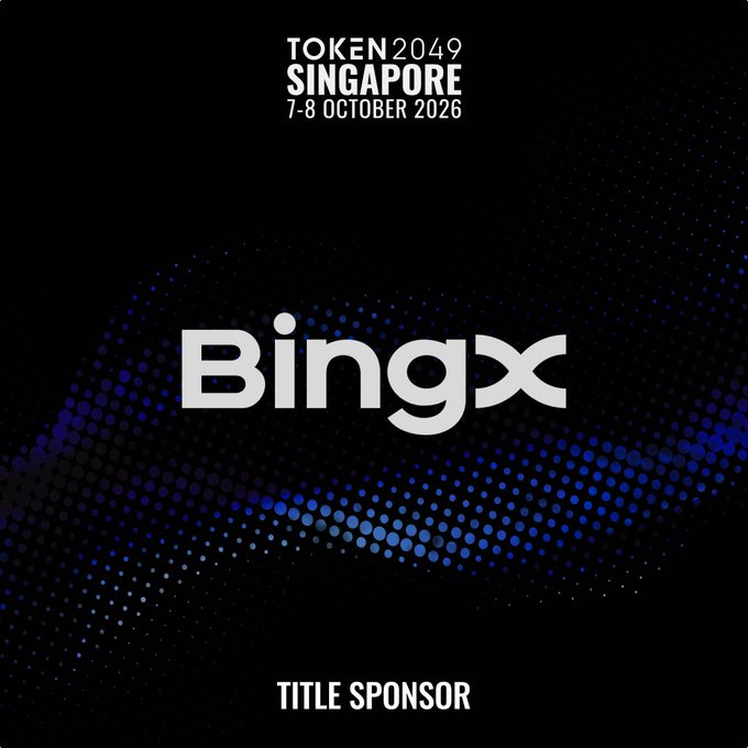 A promotional graphic for the TOKEN2049 Singapore conference, scheduled for 7-8 October 2026, featuring the BingX logo prominently displayed as the "TITLE SPONSOR" against a dark background with blue dotted wave patterns.