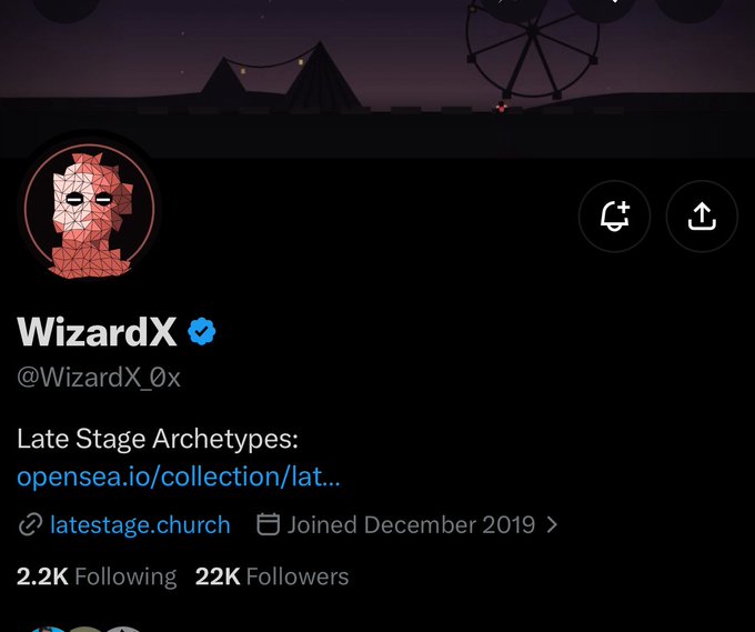 A Twitter/X profile for 'WizardX' (@WizardX_0x) with a verified checkmark, 22K followers, promoting 'Late Stage Archetypes' on OpenSea.