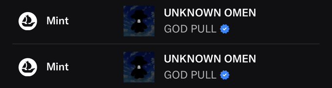 A screenshot from a digital marketplace showing two locked listings for 'UNKNOWN OMEN' NFTs with 'Mint' type, both labeled as 'GOD PULL' with verified checkmarks.