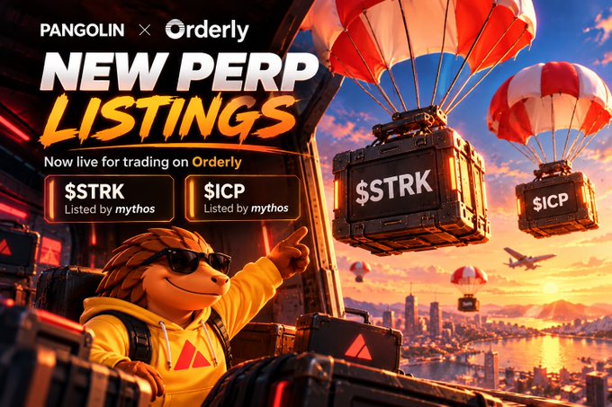 Promotional artwork for Pangolin × Orderly announcing “NEW PERP LISTINGS,” with parachuting cargo crates labeled “$STRK” and “$ICP” arriving above a Pangolin character and city skyline. The image highlights that both $STRK and $ICP perpetual markets are now live for trading on Orderly via perps.pangolin.exchange.