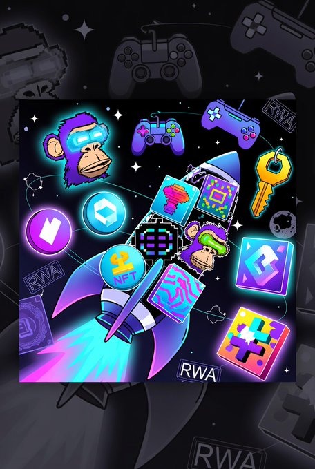 A colorful digital illustration features a rocket ship surrounded by crypto and gaming icons, including controllers, monkey heads, and NFTs, with 'RWA' labels scattered throughout.