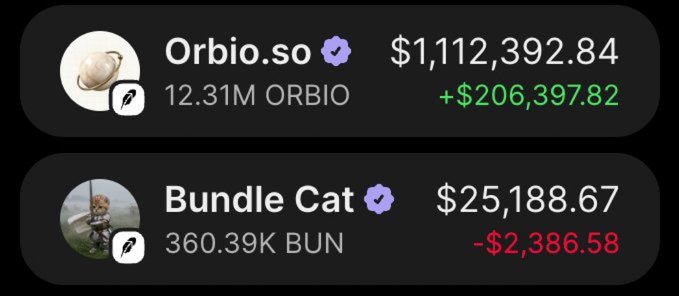 A crypto portfolio display showing 'Orbio.so' at $1,112,392.84 (up +$206,397.82) with 12.31M ORBIO, and 'Bundle Cat' at $25,188.67 (down -$2,386.58) with 360.39K BUN.