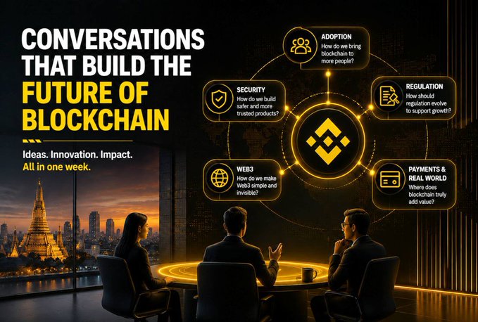 The image is a promotional graphic for "Binance Blockchain Week," featuring the headline "Conversations That Build the Future of Blockchain" with the tagline "Ideas. Innovation. Impact. All in one week." It shows three silhouetted figures seated at a table in front of a city skyline, surrounded by a circular diagram highlighting five key discussion topics: Adoption ("How do we bring blockchain to more people?"), Regulation ("How should regulation evolve to support growth?"), Security ("How do we build safer and more trusted products?"), Web3 ("How do we make Web3 simple and invisible?"), and Payments & Real World ("Where does blockchain truly add value?").

The graphic visually reinforces the post's point about moving beyond crypto-centric discussions, showcasing that the event focuses on broader blockchain themes—from adoption and regulation to real-world utility—reflecting a shift toward industry-wide impact rather than just market narratives.