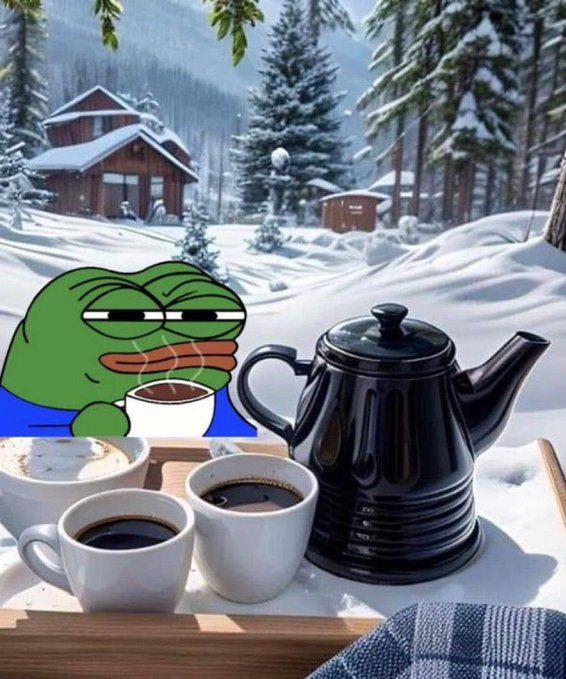 A meme image of the Pepe the Frog character wearing sunglasses and drinking coffee from a white cup, set against a snowy winter background with a cabin and trees.
