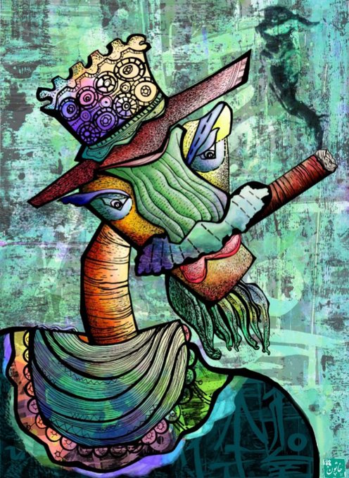 A colorful, abstract illustration of a figure with green hair, a wide-brimmed hat adorned with gears, holding a sword over their shoulder against a textured green background.