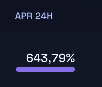 A dark screen displays "APR 24H" at the top and a striking "643,79%" figure with a purple progress bar underneath.