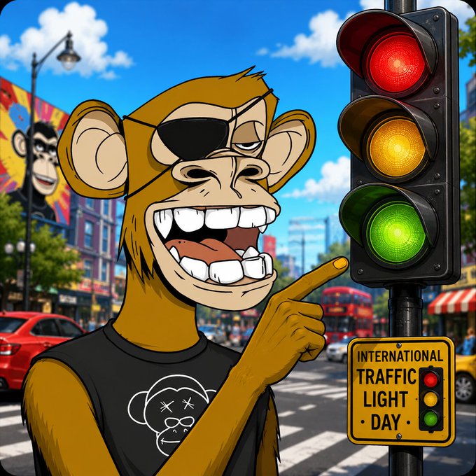A cartoon illustration of a grinning monkey with an eye patch and large teeth pointing at a traffic light, with a sign reading 'INTERNATIONAL TRAFFIC LIGHT DAY'.