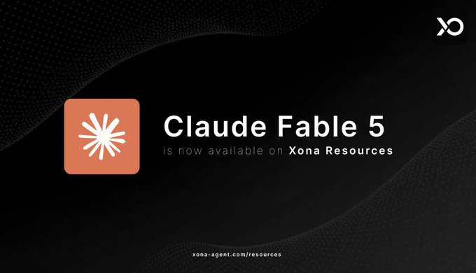 The image features a banner for Claude Fable 5 that says "Claude Fable 5 is now available on XONA Resources." The banner also includes a white star icon and text stating that the software is now available for free, as well as a link to the software's documentation.