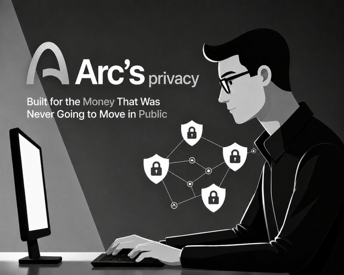 Promotional graphic for 'Arc's privacy' with tagline 'Built for the Money That Was Never Going to Move in Public', depicting an illustration of a man at a computer with shield/lock security icons.