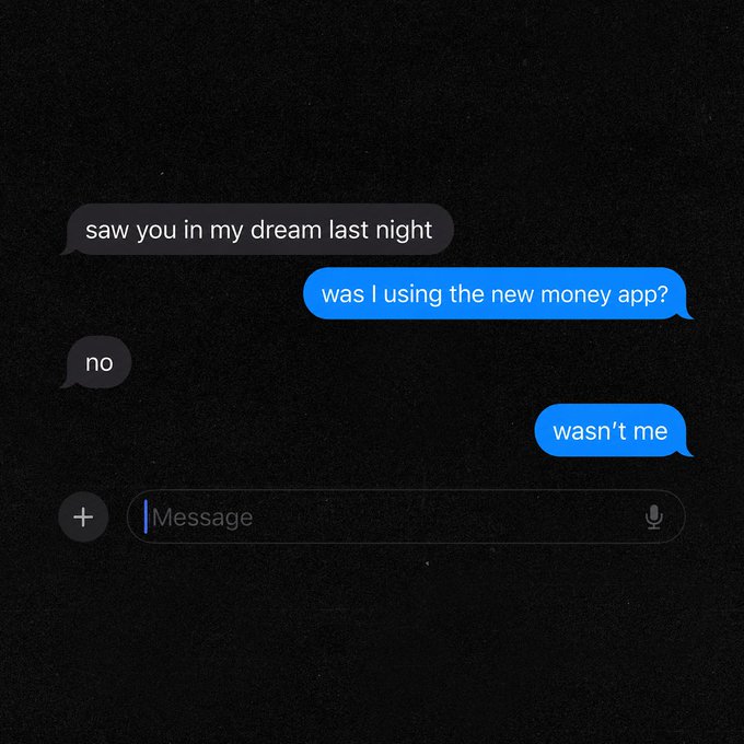 A dark-mode iMessage conversation shows an exchange: "saw you in my dream last night" / "was I using the new money app?" / "no" / "wasn't me," playfully reflecting the post's "No sleep mode" theme with its sleepless, dream-themed banter.