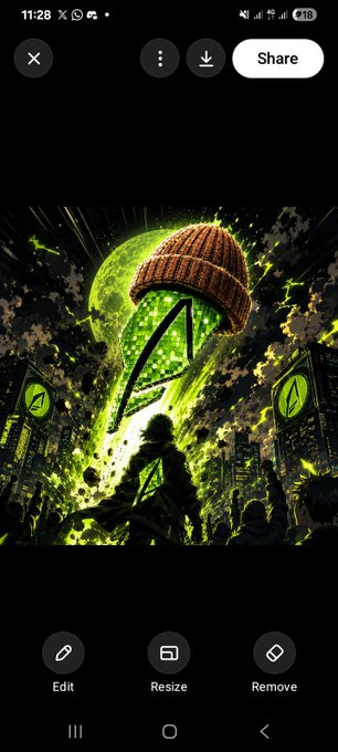 A screenshot of a mobile image viewing app displaying artwork of a giant green clock hand resembling the Stay Puft Marshmallow Man destroying a city, with Edit, Resize, and Remove buttons at the bottom.