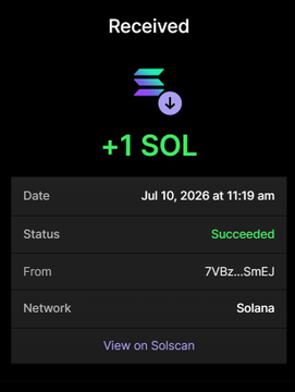 A screenshot of a Phantom wallet "Received" confirmation showing +1 SOL successfully transferred on the Solana network on Jul 10, 2026, which serves as proof of purchase for 10 million $RBULL tokens as advertised in the accompanying post.