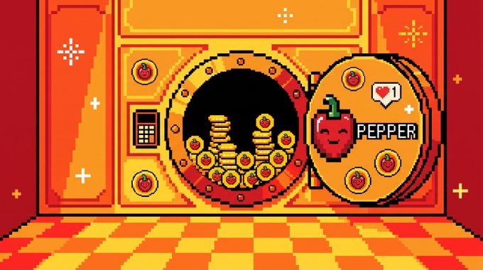 A pixel art image shows a vibrant orange room featuring a large coin vault filled with gold coins and a "$PEPPER" token labeled "1" with a smiling red pepper mascot. The scene visually reinforces the post's message about Pepper Parliament's 15 consecutive days of buybacks, with the overflowing vault symbolizing the accumulating token repurchases.