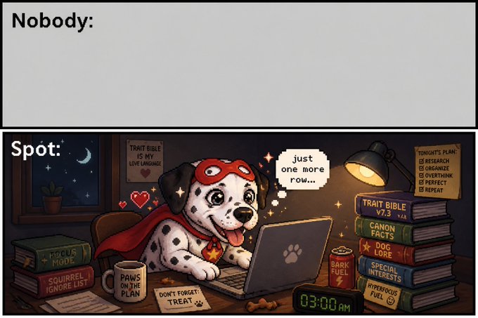 A two-panel meme with 'Nobody:' on top and 'Spot:' below, showing a Dalmatian in a superhero costume at a laptop at 3:00 AM with books titled 'TRAIT BIBLE V7.3', 'CANON FACTS', and a thought bubble saying 'just one more row...'.