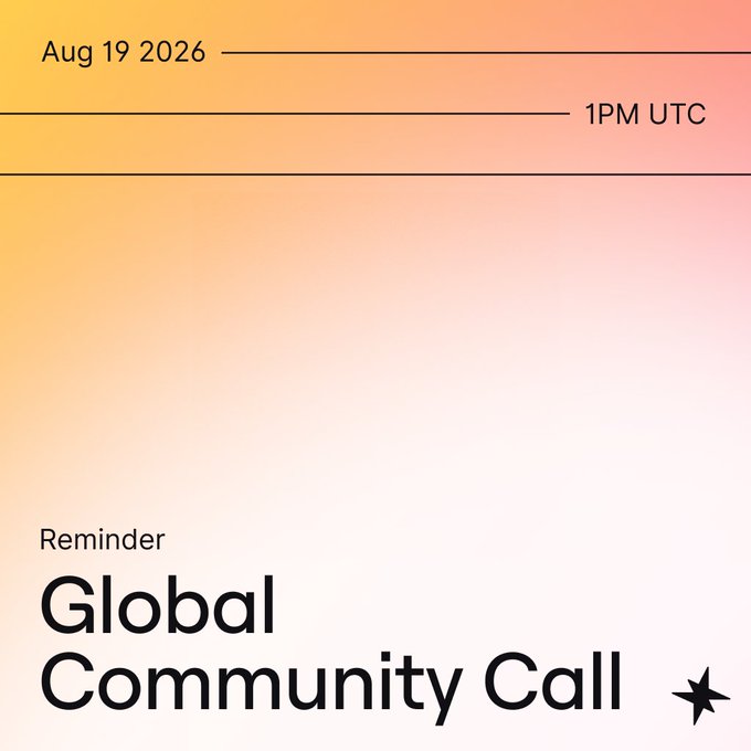 A minimal graphic with a peach-to-pink gradient background announces "Reminder: Global Community Call" for Aug 19, 2026 at 1 PM UTC, visually promoting the scheduled live stream.